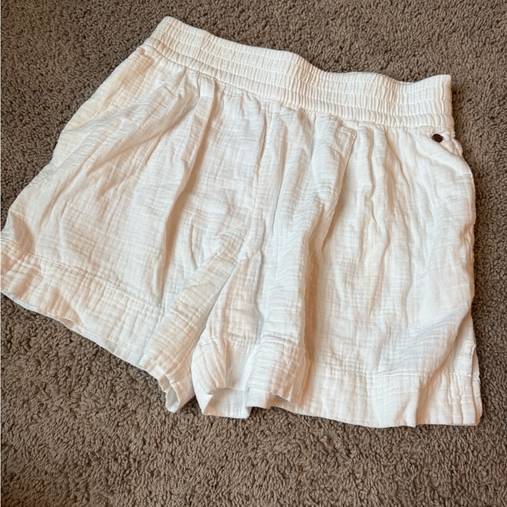 High-Rise White Textured Cotton Blend Shorts